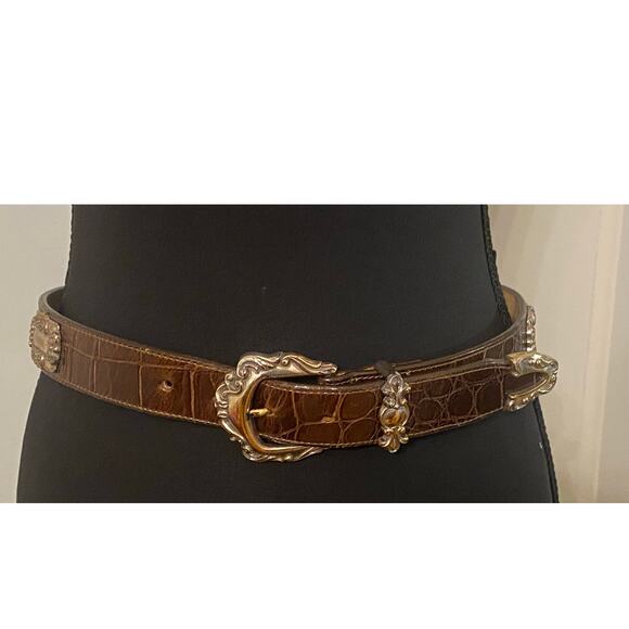Vintage 1993 Brighton Croc Embossed Brown Leather Concho Belt Silver‎ M